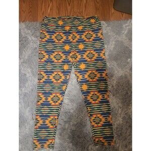 LuLaRoe TC 2 Tall-Curvy Leggings Orange/Blue Striped Aztec Print Pattern (A5)